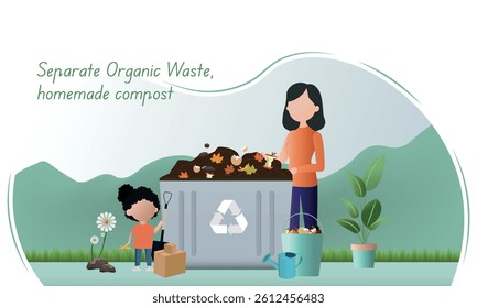 Mother and daughter making homemade compost, separating organic waste for a better environment