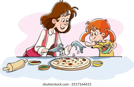 Mãe e filha fazendo pizza ilustração vetor