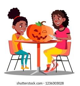 Mother And Daughter Making A Pumpkin For Halloween Vector. Halloween Isolated Illustration
