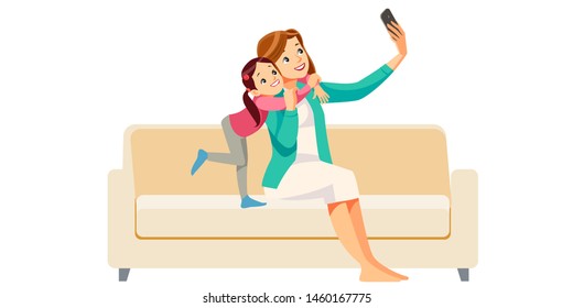 Mother and daughter making selfie together. Girl and her mom are doing selfie using a smart phone. Mother's day. Isolated vector illustration.