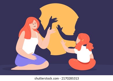 Madre e hija haciendo sombras con las manos. Teatro en la sombra, mujer contando la historia del niño en la cama ilustración vectorial plana. Paternidad, familia, concepto de desarrollo para banner o página web de inicio