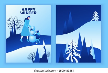 Mother with daughter making snowman greeting card, winter isometric people set, happy kid, 3d vector sport family playing, outdoor snow games, simple cartoon characters,