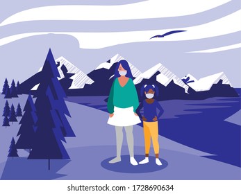 Mother and daughter with mask in front of landscape design of Covid 19 virus theme Vector illustration