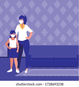 Mother and daughter with masks at home design of Covid 19 virus theme Vector illustration