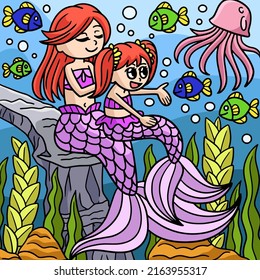 Mother And Daughter Mermaid Colored Cartoon