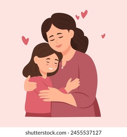 Mother and daughter. Mom Embrace her Child, Their Faces Aglow With Love, Eyes Closed, Encapsulating Eternal Bond In A Moment Of Serene Affection.Mother's Day. Vector Illustration