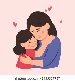 Mother and daughter. Mom Embrace her Child, Their Faces Aglow With Love, Eyes Closed, Encapsulating Eternal Bond In A Moment Of Serene Affection.Mother's Day. Vector Illustration