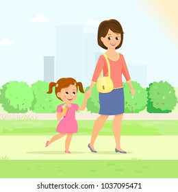 Mother with daughter. Mom holds her daughter hand. Isolated on white background. Cartoon style. Vector illustration