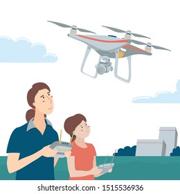 Mother and daughter, mom and teen kid playing with quadcopter drone in the park, operating a drone with remote controllers, flat style vector illustration isolated on white background