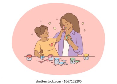 Mother and daughter, motherhood, activities with children concept. Young black woman mother cartoon character painting and drawing with colors together with small daughter at home vector illustration 