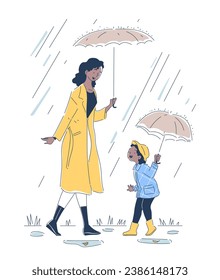 Mother and daughter at nature doodle. Active lifestyle and leisure. Woman with girl in autumn fall season. Rainy weather. Cartoon flat vector illustration isolated on white background