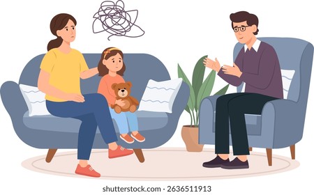 Mother and daughter in the office of a child psychologist. Family consultation.  Psychologist and professional support concept. Vector illustration