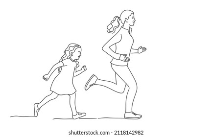 Mother and daughter, older and younger sisters run. Walking concept. Hand drawn vector illustration. Black and white.