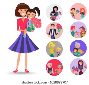 Mother with daughter on arms and flowers beside other portraits with families that celebrate Women's Day vector illustrations set.