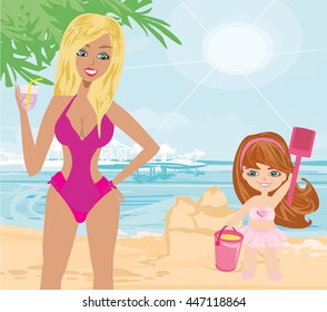 Mother and daughter on the beach