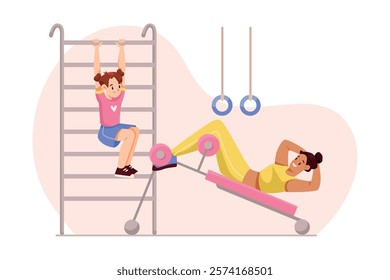 Mother with Daughter on Ladder at Gym Do Sport and Physical Activity Vector Illustration