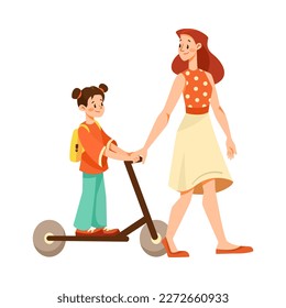 Mother with Daughter on Playground Riding Scooter Vector Illustration