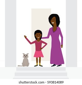 Mother and daughter on porch. Vector flat illustration.