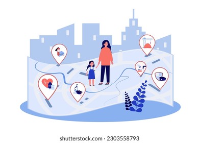 Mother and daughter on road with symbols of public services. Governmental system for citizens, medicine, education, utilities, security vector illustration. Government, protection, management concept