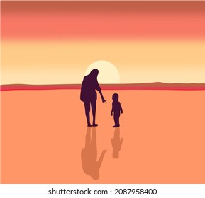 Mother and daughter on vacation, walking on a beach Over Sunset Holiday Sea Seaside Summer Vacation. Silhouette Vector Illustration