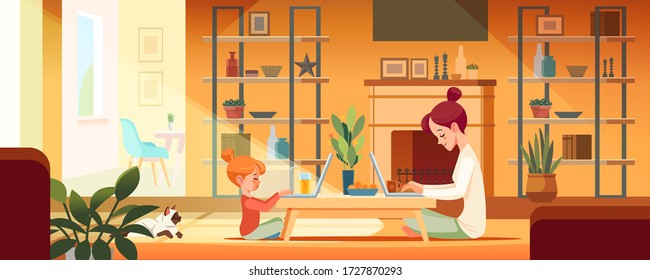 Mother and daughter online working, shopping and education at home. Freelancer working at home with laptop computer in sunny cozy home interior.  Cartoon style vector Illustration.