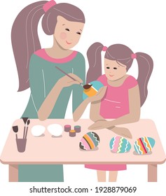 Mother and daughter painting Easter eggs together. Illustration can be used for Easter and festive templates.