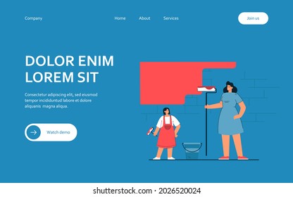 Mother and daughter painting wall. Flat vector illustration. Woman and little girl painting brick wall with pink color. Painting, repair and upkeep, family concept for banner design or landing page