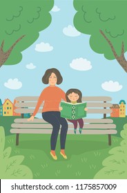 Mother and daughter in the park. Woman and baby girl sitting on the bench outdoors. Child read book. Vector illustration.