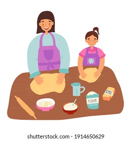 Mother and daughter pastime, healthy cooking concept. Woman teaches her little girl a recipe of healthy pastry. They make a dough from gluten free flour and coconut sugar and butter and beat it.