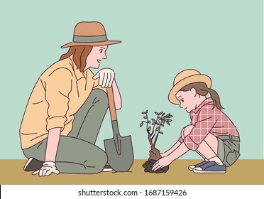 Mother and daughter are planting tree seedlings together. hand drawn style vector design illustrations. 