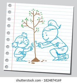 Mother and daughter planting tree. Sketch style drawing.