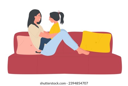 Mother and daughter play fun game, happy mom and child sitting on comfortable sofa isolated vector illustration