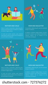Mother and daughter playing badminton, mom with child sitting on blanket, catching butterflies, running or jogging vector illustrations set of posters