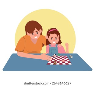 mother and daughter playing a board game, family fun, vector illustration.