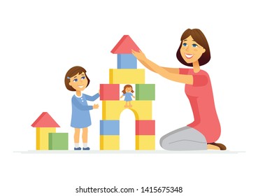 Mother and daughter playing - cartoon people characters illustration isolated on white background. Young woman and her kid building a toy castle, pyramid, having a good time together. Family concept