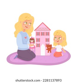 Ilustración vectorial de la madre y la hija tocando la casa de muñecas. Madre y caricatura sentada en la alfombra cerca de la casa rosada para juguetes con puertas y ventanas, niño y mujer feliz sosteniendo muñecas y oso de peluche para jugar