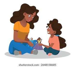 mother and daughter playing with dolls, family fun, vector illustration.