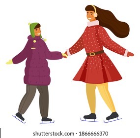 Mother and daughter playing ice skating on rink outdoor in the winter season isolated on white. Happy smiling people holding hands, enjoy the snowfall, spend time together on active weekend