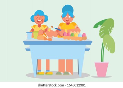 Mother and daughter playing paint while coloring Easter eggs. Simple Easter vector illustration, this illustration can use as a sticker also. 