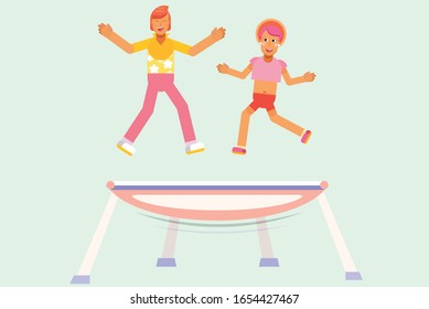 Mother and daughter playing trampoline, Happy summertime theme. Simple vector illustration,