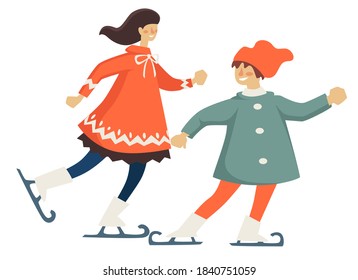 Mãe e filha praticando patinação artística na pista de gelo. Personagens felizes isolados passando o tempo juntos, esportes de inverno e atividades familiares. Mamãe e meu filho estão de férias. Vetor em estilo plano