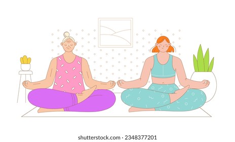 Mother and daughter practicing meditation at home together. Flat outlined colorful vector illustration.