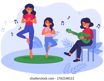 Mother and daughter practicing yoga to acoustic music. Young woman playing guitar outdoors flat vector illustration. Family fitness concept for banner, website design or landing web page