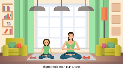 Mother and Daughter Practicing Yoga Exercises, Sitting in Lotus Pose on Gymnastic Mat in Living Room at Home Flat Vector Illustration. Family Healthy Lifestyle, Indoors Physical Activity and Fitness