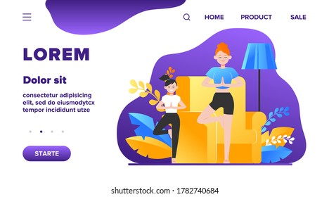 Mother and daughter practicing yoga at home. Woman and girl standing in tree pose flat vector illustration. Meditation, family activity concept for banner, website design or landing web page