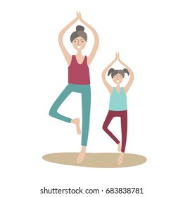 Mother and daughter practicing yoga standing on one leg. Family Sports and physical activity with children, joint active recreation. Vector illustration in flat style, isolated on white background.