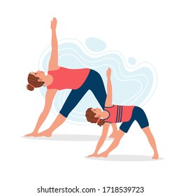 Mother and daughter practicing yoga together. Yoga with mom. Concept illustration for yoga, meditation, relax and healthy lifestyle. Vector illustration in flat cartoon style. 