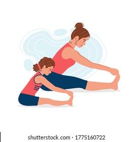 Mother and daughter practicing yoga together. Yoga with mom. Concept illustration for yoga, meditation, relax and healthy lifestyle. Vector illustration in flat cartoon style. 