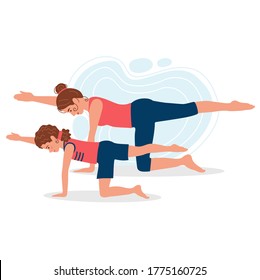 Mother and daughter practicing yoga together. Yoga with mom. Concept illustration for yoga, meditation, relax and healthy lifestyle. Vector illustration in flat cartoon style. 