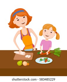 Mother and daughter prepare dinner together